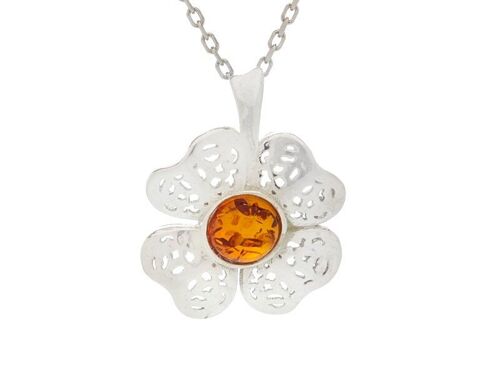 Pendentif fleur avec ambre cognac rond, en argent rhodié 925/1000, hauteur 1,8 cm - GD-PE0083R