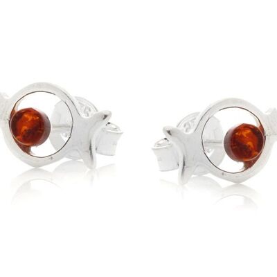 Boucles d'oreilles poisson avec ambre cognac naturel, en argent rhodié 925/1000 - AR-BO033R