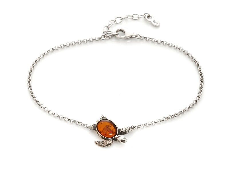 Bracciale tartaruga con ambra ovale cognac, in argento 925/1000 rodiato, lunghezza 17+3 cm - SA4023BOR
