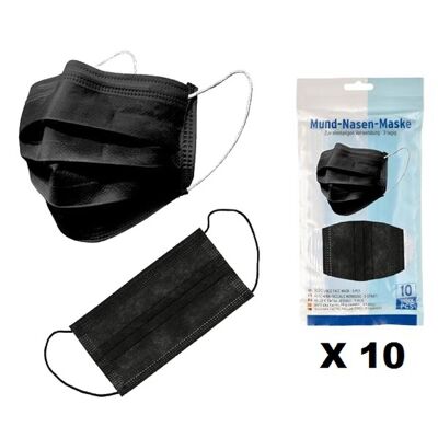 Masque Noir 3 Plis Sachet 10 Pièces