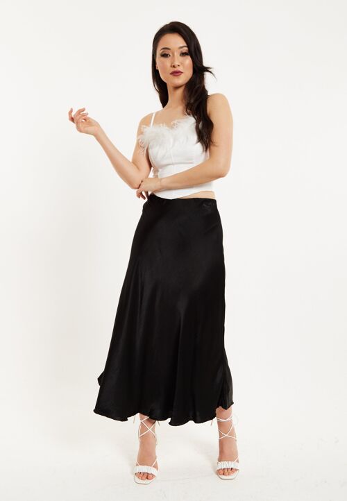 Liquorish Bias Cut Black Satin Skirt