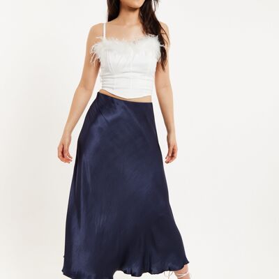 Liquorish Bias Cut Navy Satin Skirt