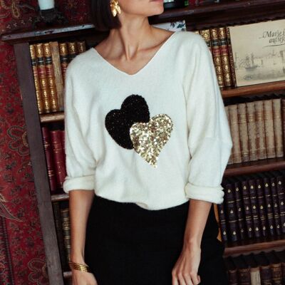 Fine AUDE Ecru Sequin Hearts Sweater