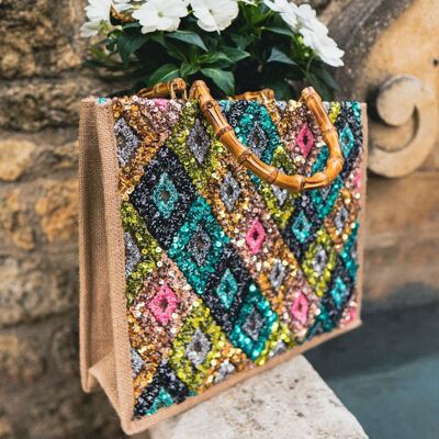 BRYAN Basket Bag with Sequins and Wooden Handles