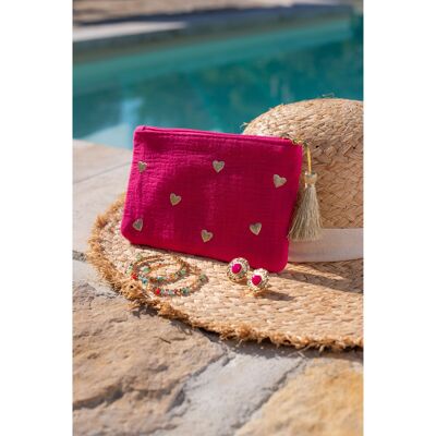 Fuchsia Cotton Gauze Pouch with Embroidered Golden Hearts