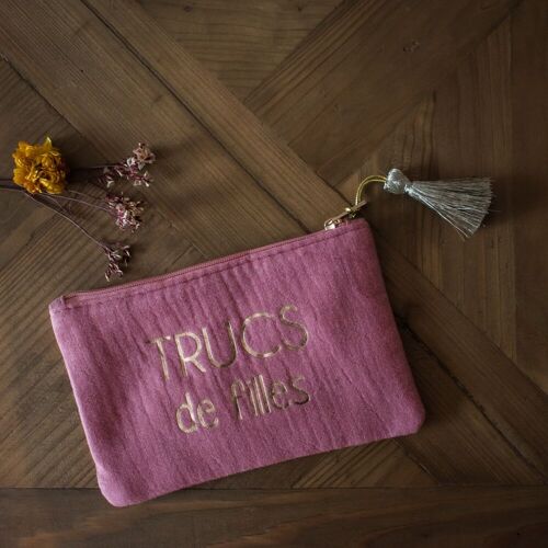 Pochette gaze de coton "Trucs de filles" Rose