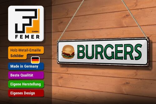 Blechschild Hinweis 46x10cm Burger Fast Food Dekoration