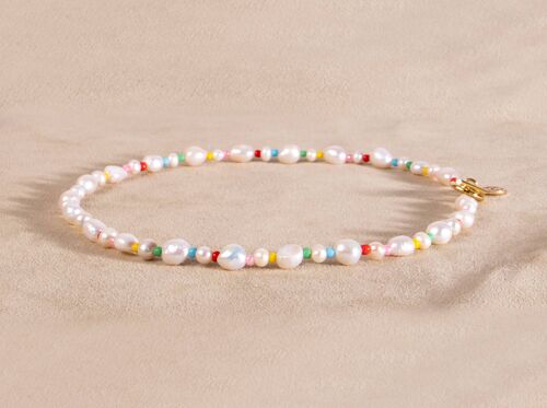 Perlenkette mit Rocailles Regenbogen choker gold handgemacht