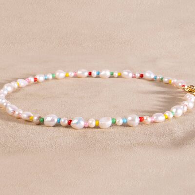 Pearl necklace with rocailles rainbow choker gold handmade