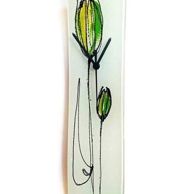 Tulpenglas-Wanduhr mit grünen Tulpen, 10 x 41 cm