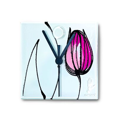 Tulpen-Wanduhr mit lila Tulpen, 13 x 13 cm