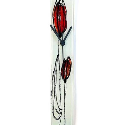 Tulpen-Wanduhr aus weiß-rotem Glas mit Tulpen, 6 x 41 cm