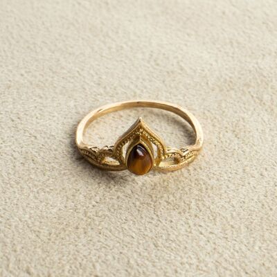 Tiara crown ring with tiger eye lace gold handmade