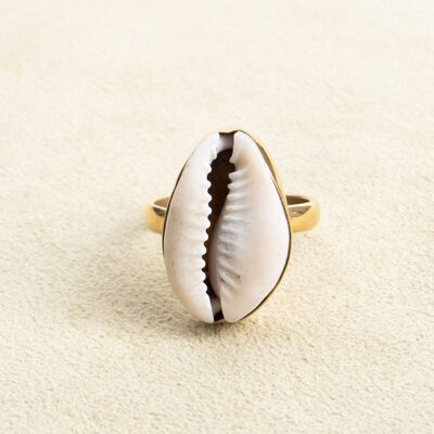 Large ring with cowrie shell gold handmade
