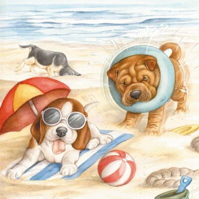Vierkante kaart - Ook wij liggen en spelen graag op het strand!! (Sharpei en Beagle)