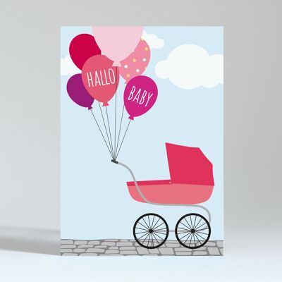 Postkarte "Hallo Baby Ballons pink"
