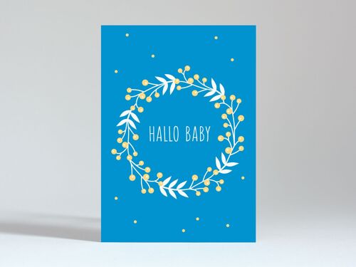 Postkarte "Hallo Baby Kranz blau"