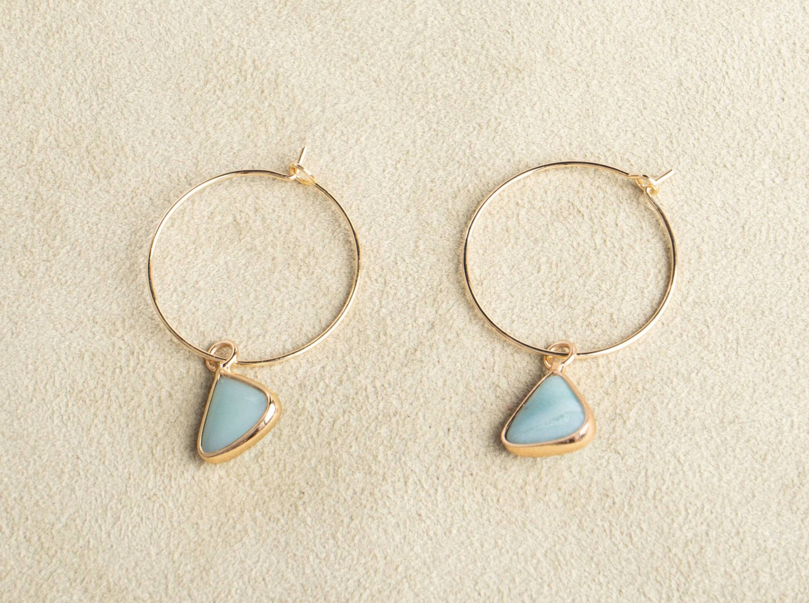 Fine hoop earrings green aventurine gold plated handmade triangle