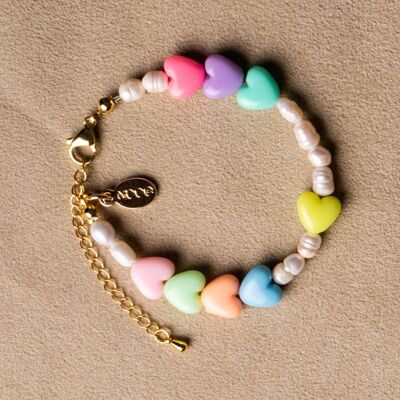 Pearl bracelet colorful hearts rainbow gold plated freshwater pearls playful