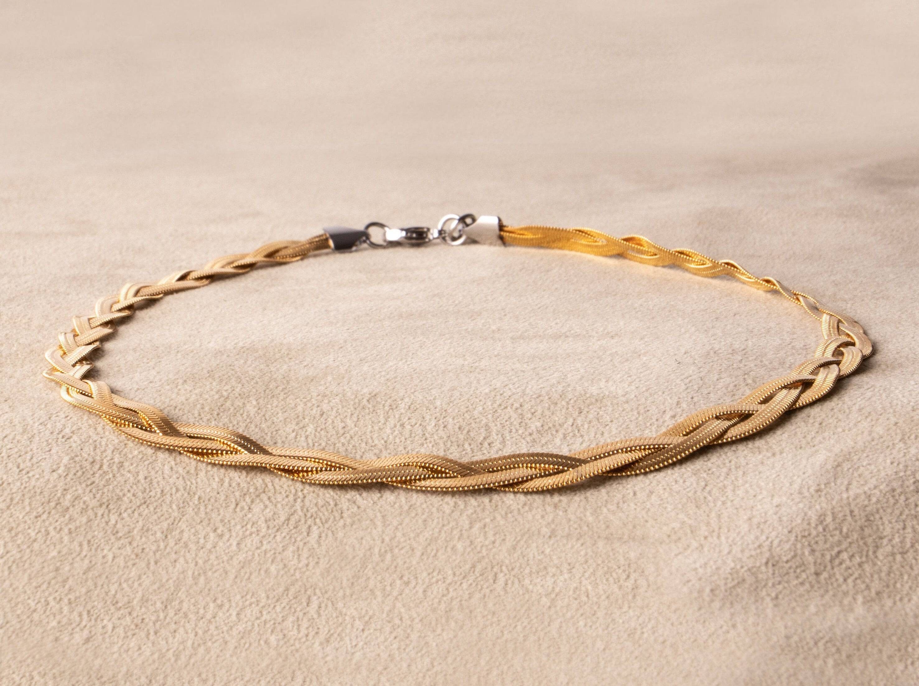 Catena a spina di pesce tripla intrecciata - girocollo placcato oro