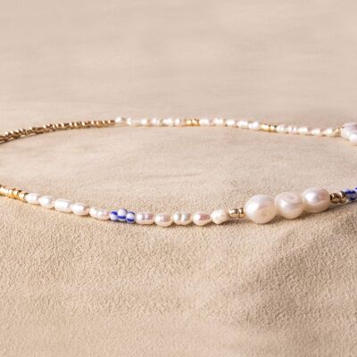 BLUE WAVE - Handgemachte verspielte Perlenkette - Kette Perlen blau gold weiß vergoldet
