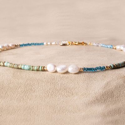 TOURQOISE SODA - Collana di perle giocosa fatta a mano - collana di perle bianco blu turchese placcato oro bianco