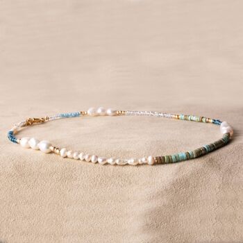 TOURQOISE SODA - Collier de perles ludique fait main - collier perles blanc bleu turquoise plaqué or blanc 3