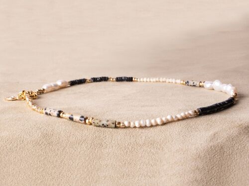 BLACK SHELL - Handgemachte verspielte Perlenkette - Kette Perlen schwarz gold weiß vergoldet
