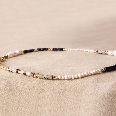BLACK SHELL - Collier de perles ludique fait main - collier perles noir or blanc plaqué or