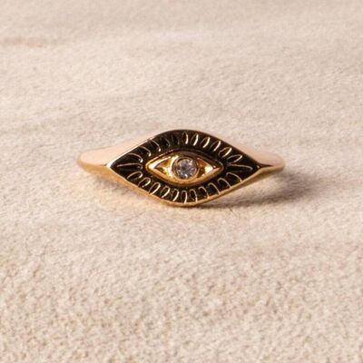 Eye protection ring, evil eye signet ring gold with fine zircon