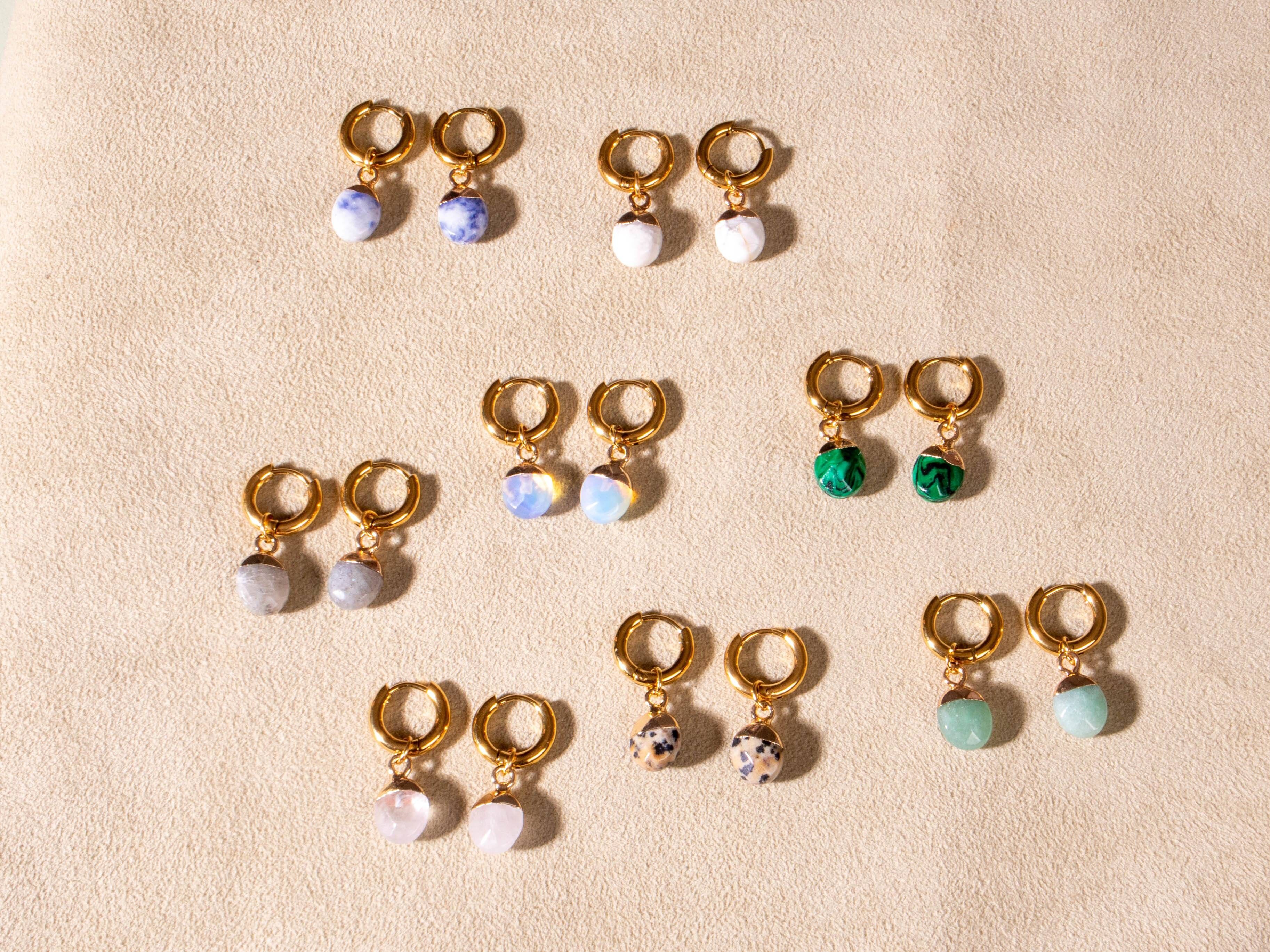 Huggie hoop earrings with various stones hand-made gold-plated