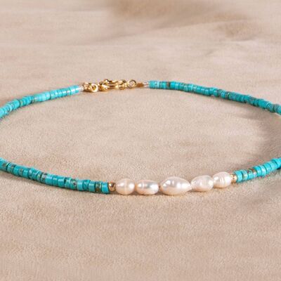Necklace with turquoise freshwater pearls gold handmade