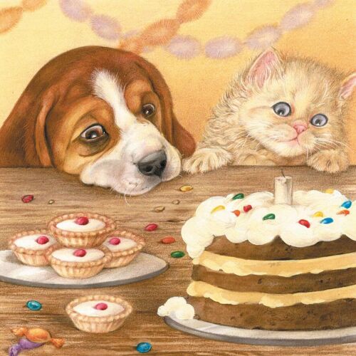 Vierkante kaart - Beagle en Pers nuttigen samen een stukje taart (Beagle en kat)