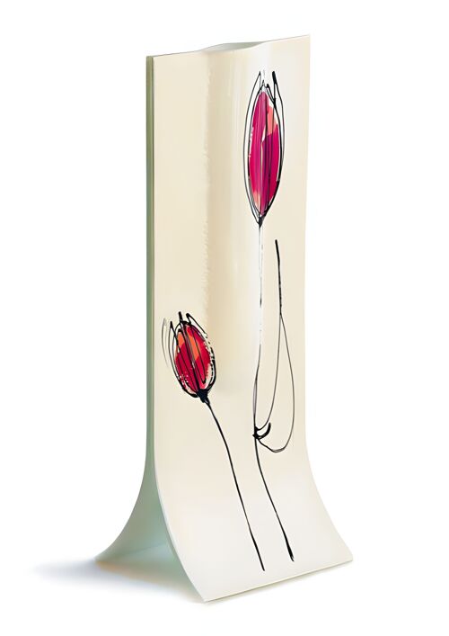 Vase With White Base, Fuscia-Pink Tulip Design In 14X36 Cm