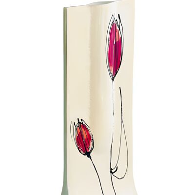 Vase With White Base, Fuscia-Pink Tulip Design In 14X36 Cm