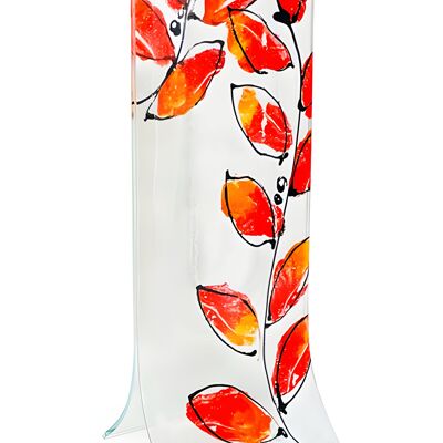 Vase à base transparente, motif feuille rouge-orange