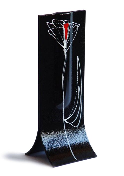 Black 14X36 Cm Vase With White-Red Tulip Motive