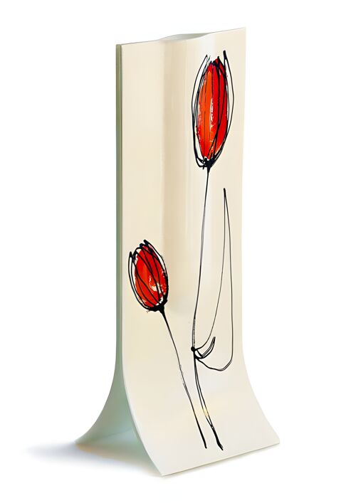 Vase With White Base, Red-Orange Tulip Design In 14X36 Cm