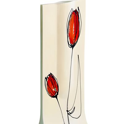 Vase With White Base, Red-Orange Tulip Design In 14X36 Cm