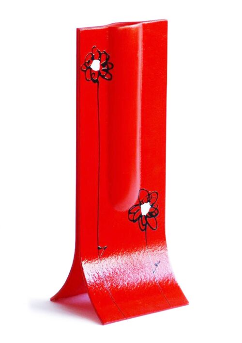 Red 14X36 Cm Vase With Black-White Daisy Motive