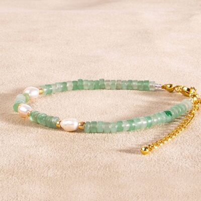 Green bracelet aventurine with freshwater pearls gold plated handmade