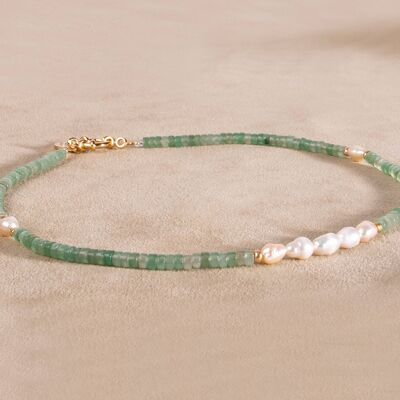 Green necklace aventurine with freshwater pearls, gold-plated, handmade