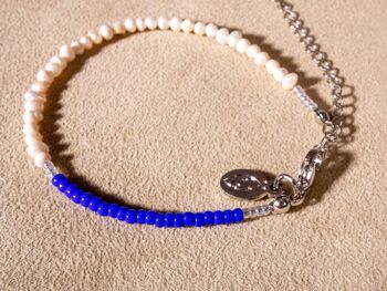 Bracelet perles d'eau douce bleu roi argent fait main 5