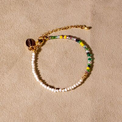 Pearl bracelet with colorful rocailles beads green, yellow, pink handmade gold