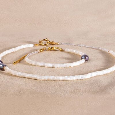Necklace with mother of pearl and blue pearl gold plated handmade