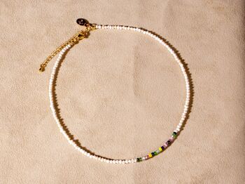 Collier de perles avec perles rocailles colorées vert, jaune, rose or fait main 1