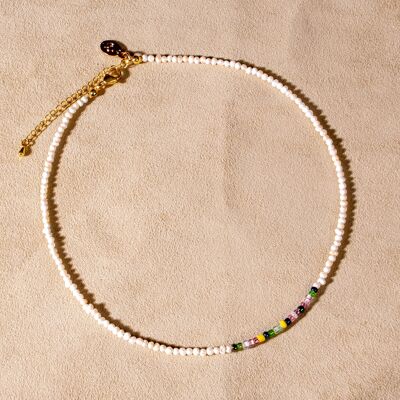 Pearl necklace with colorful rocailles beads green, yellow, pink handmade gold