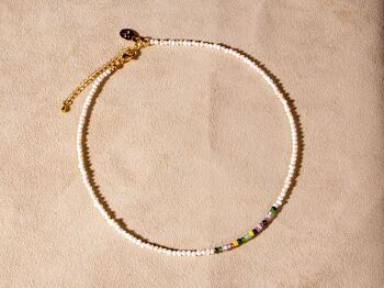 Collier de perles avec perles rocailles colorées vert, jaune, rose or fait main 3