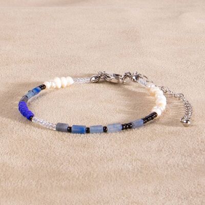 Bracelet perlé bleu blanc lapis lazuli carré argent fait main