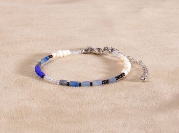 Bracelet perlé bleu blanc lapis lazuli carré argent fait main 1